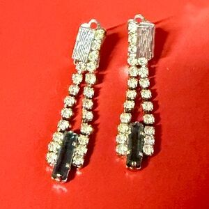 Elegant Silver Dangle Earrings Vintage with Blue and Clear Rhinestones